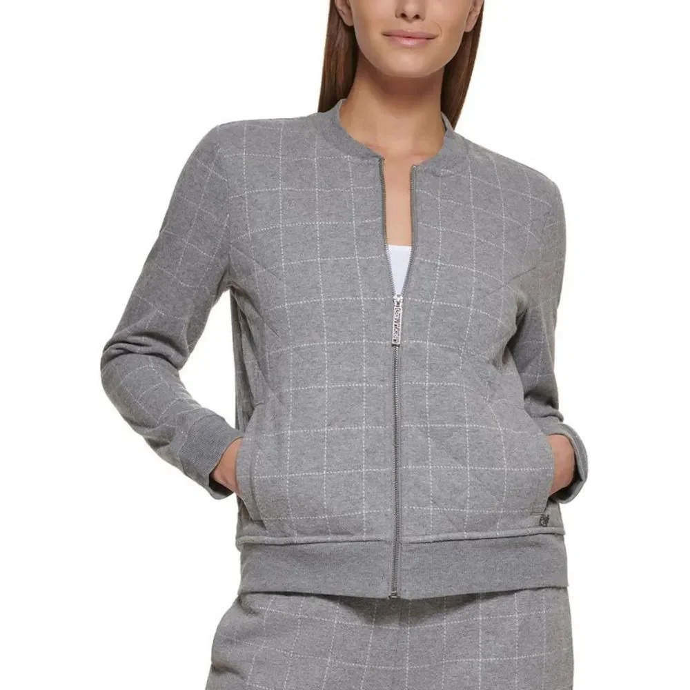Calvin Klein Womens Gray Window Pane Lightweight Bomber Jacket Outerwear NWT